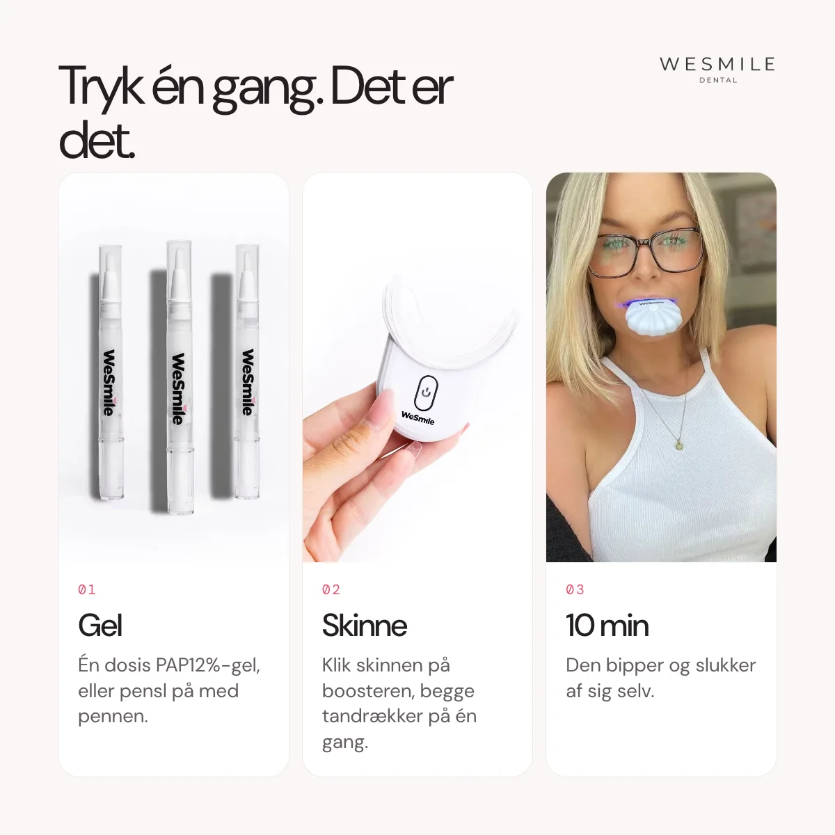 Ét tryk: gel, skinne, ti minutter